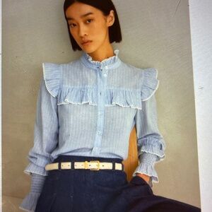 ME+EM. NWT Cotton Voile Striped Long Sleeve  Frill Detail Ruffle Top